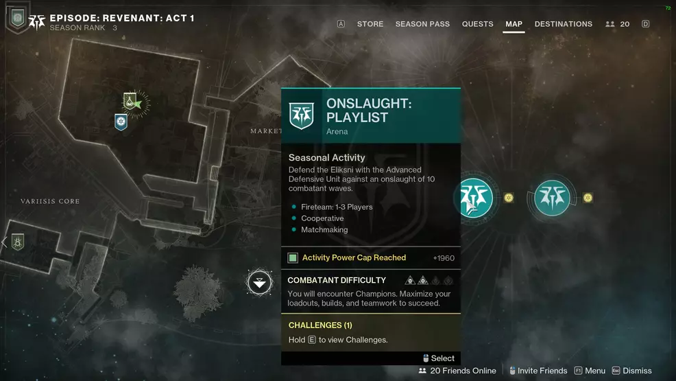 The Onslaught: Salvation activity launch option on the map of the Last City