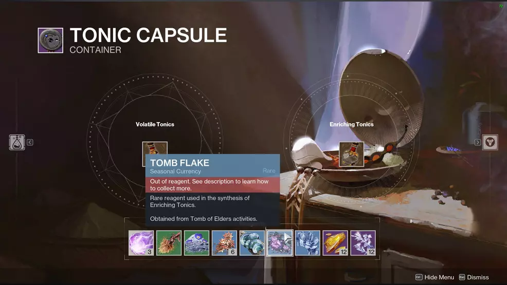The Tonic Capsule screen showing the reagents