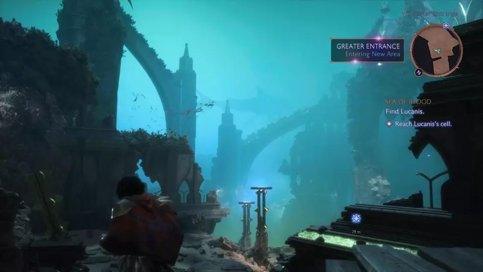 The main character traveling through an underwater prison in Dragon Age: The Veilguard.