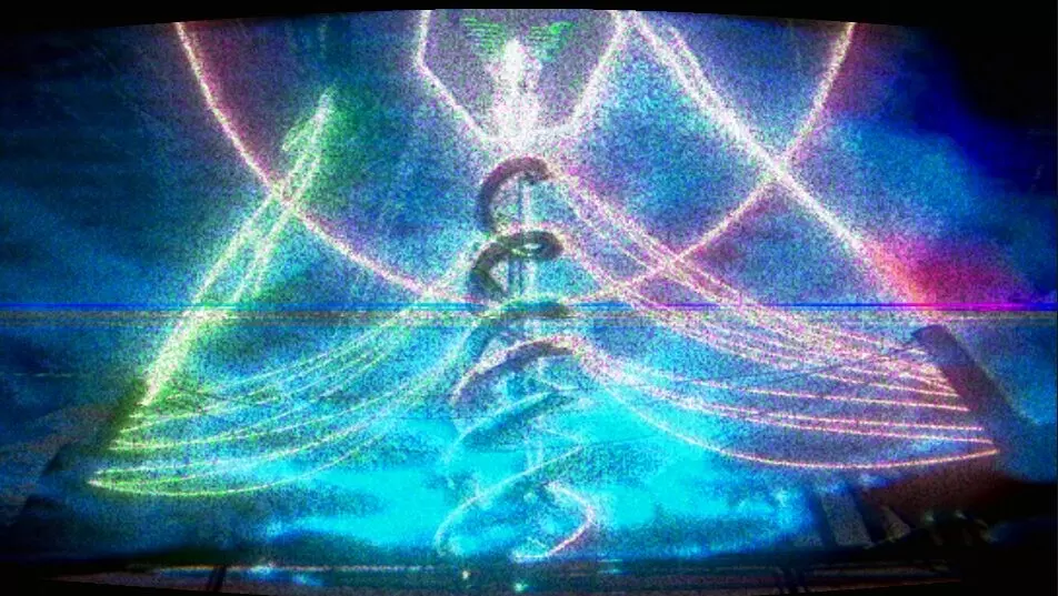 A staircase spirals into the sky as fluorescent lights hang off it