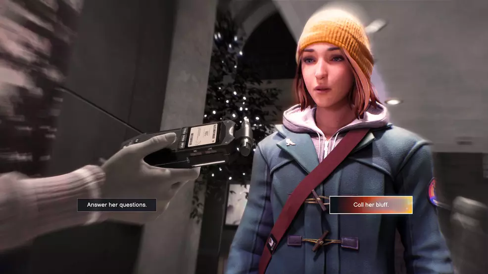 Max is being interviewed. The on-screen dialogue options are