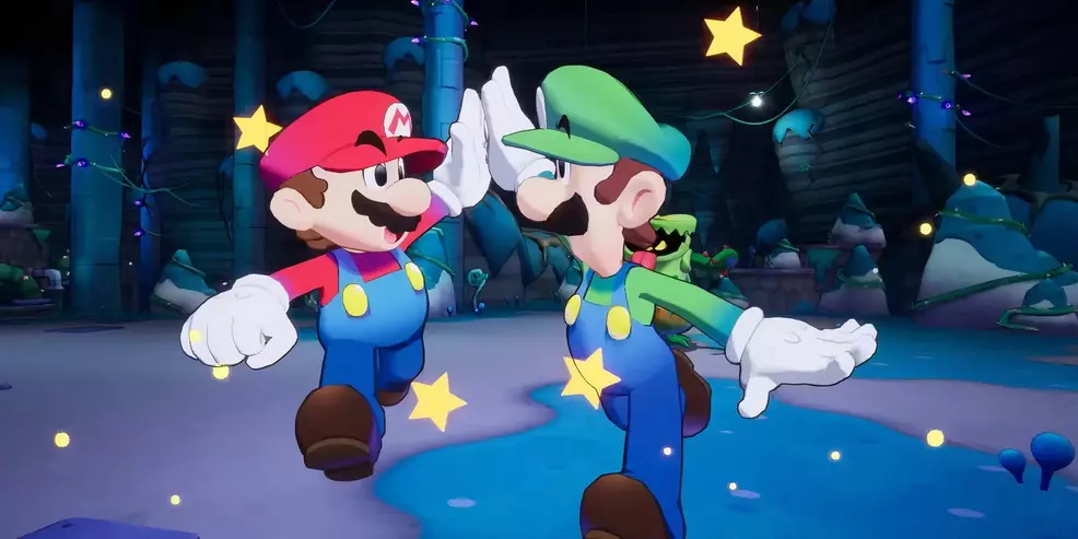 Mario and Luigi high-fiving.