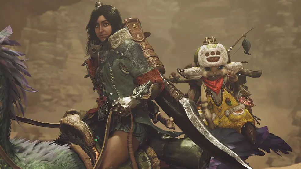 A hunter and Calico riding on a creature's back.