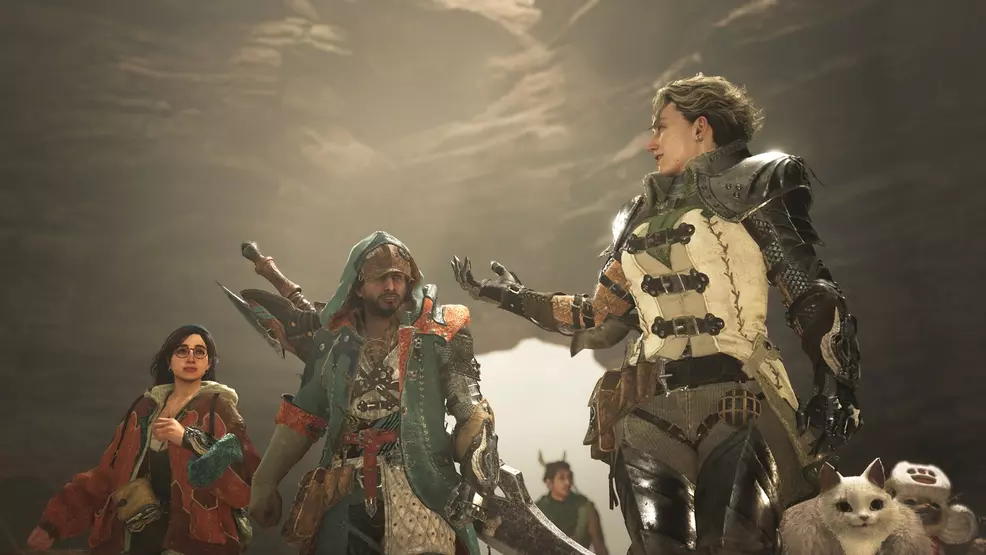 The player character and other characters heading into camp for the first time in Monster Hunter Wilds.