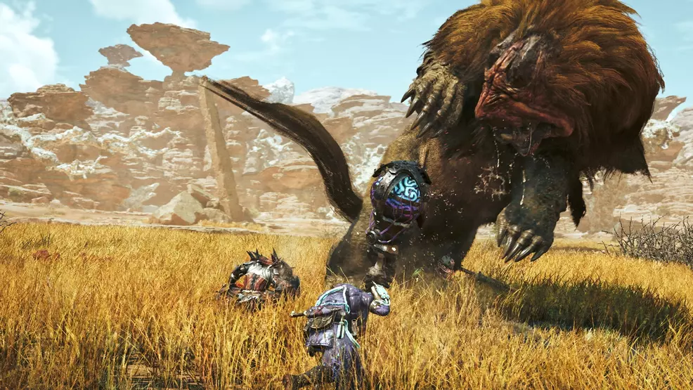 A hunter swinging at a pouncing Doshaguma with a Hammer.