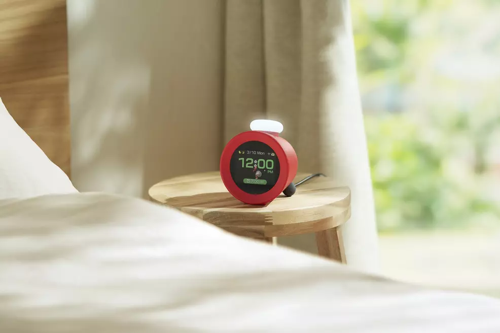 Nintendo Sound Clock Alarmo placed on a bedside table
