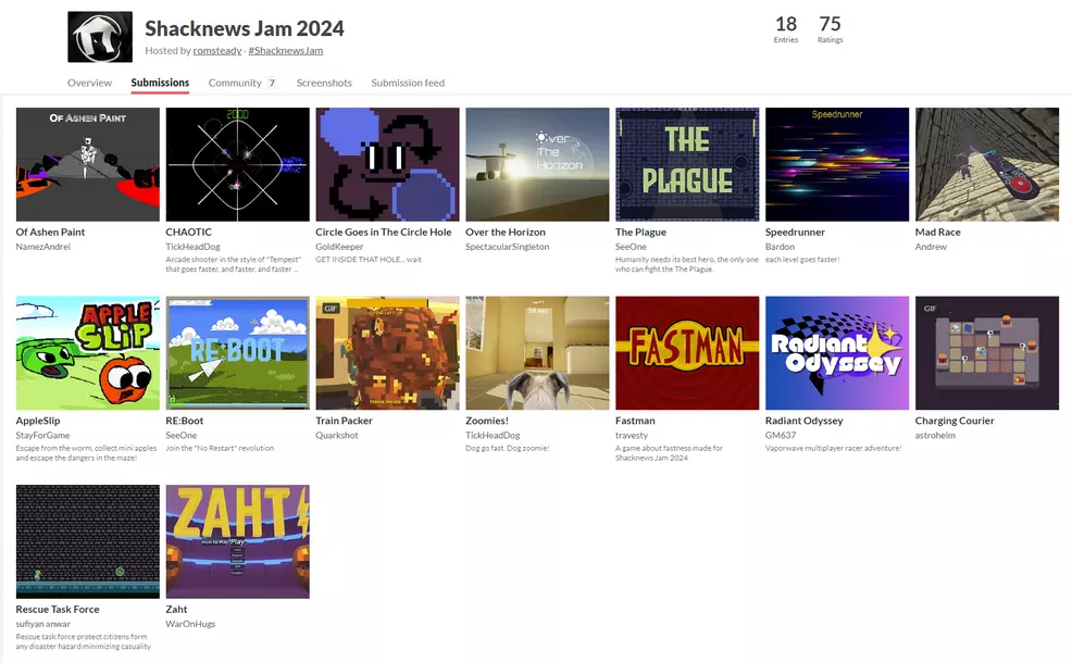 Screenshot of the Shacknews Jam 2024 itch.io entries page.