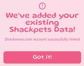 Screenshot of Shackpets app confirming data transfer.