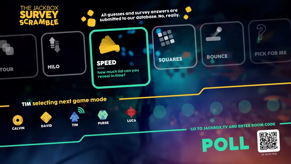 The different game modes in the main menu of The Jackbox Survey Scramble