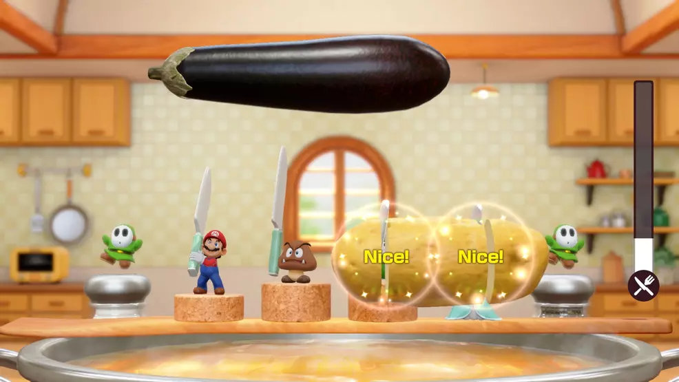 Four players in a game of Rhythm Kitchen in Super Mario Party Jamboree