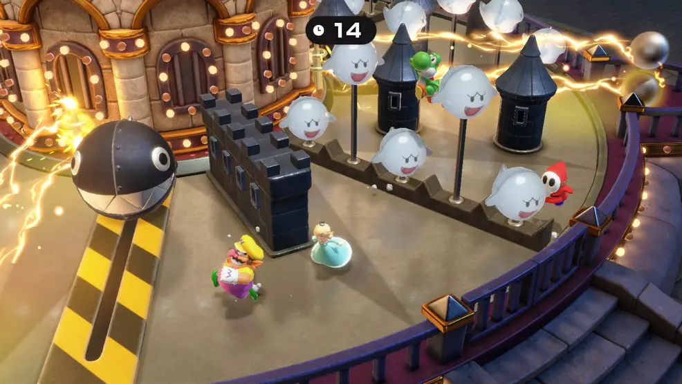 Playing Scare-ousel with four players in Super Mario Party Jamboree