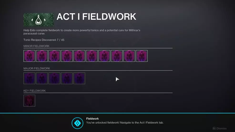 The detialed Act 1 Fieldwork menyu in Destiny 2