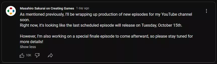 Masahiro Sakurai's statement on the release date of the last regular episode of Masahiro Sakurai on Creating Games, set for October 15.