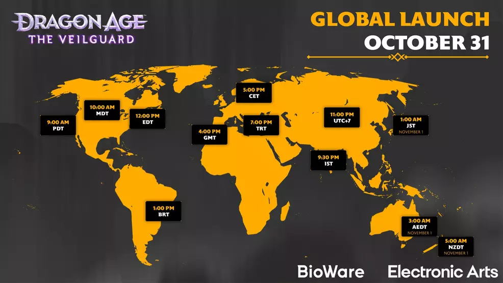 A world map depicting the launch times of Dragon Age: The Veilguard in different regions.