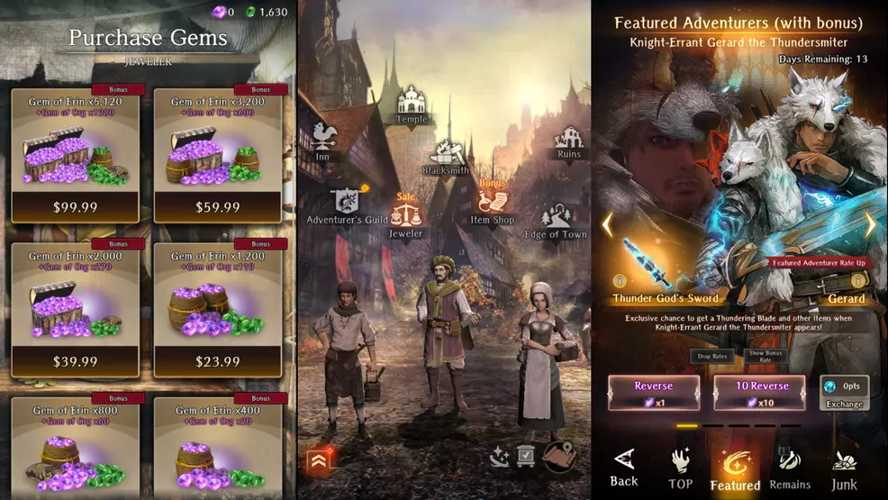 Examples of the microtransaction menus in Wizardry Variants Daphne