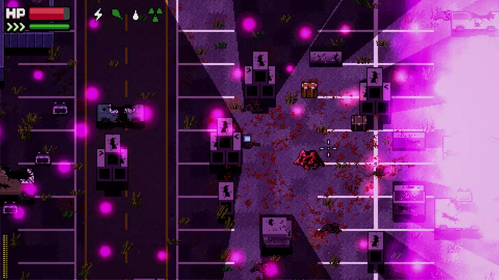 Eerie purple lights dart back and forth across a street in Zero Sievert