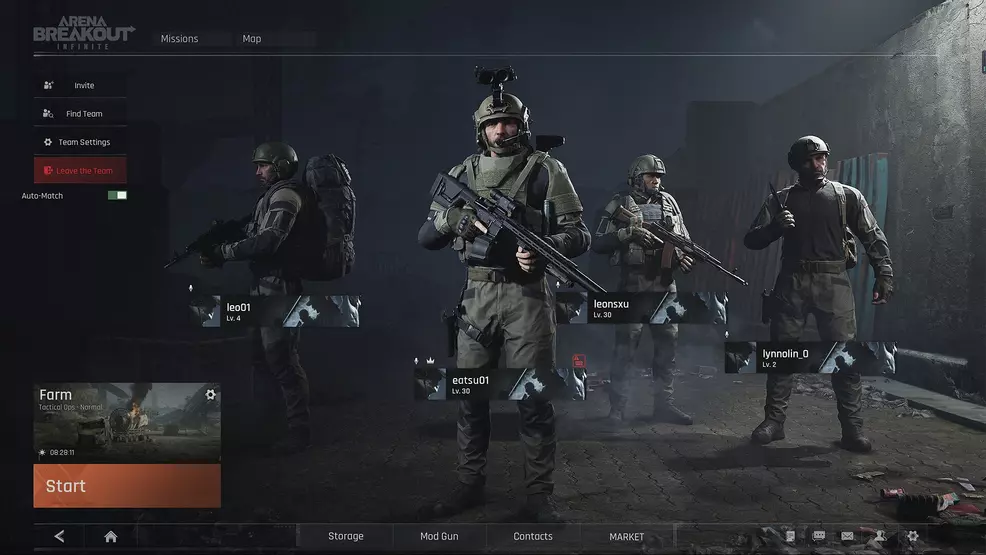 Showing the team screen in Arena Breakout: Infinite
