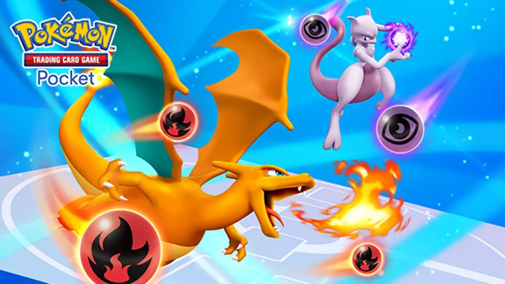 Artwork of Charizard and Mewtwo fighting.
