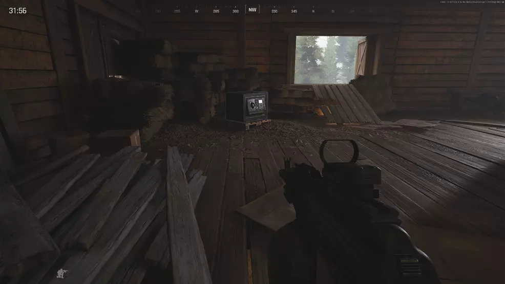 Shows the safe on the top floor of the stable building on the Arena Breakout: Infinite's Farm map.