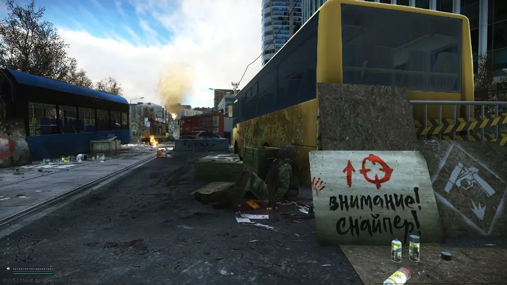 The mira ave exit reveals a ruined road and a corpse.