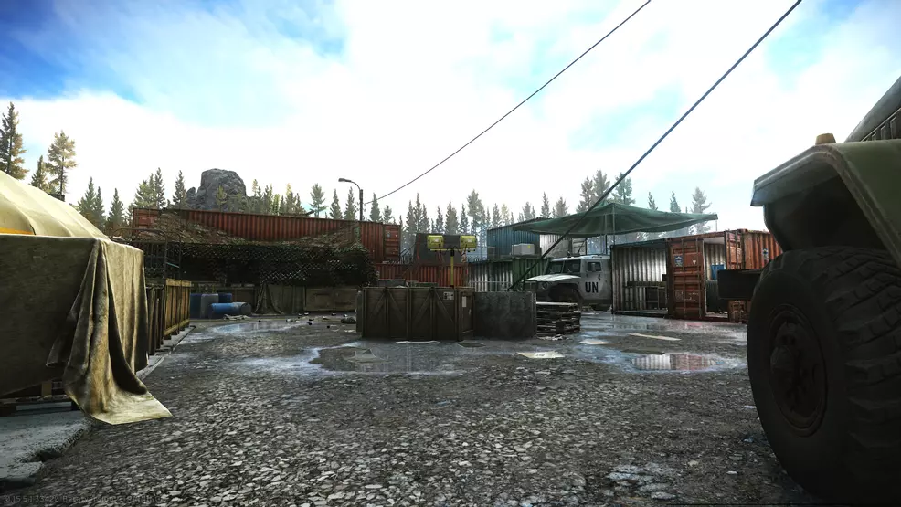 It shows a medical supply camp in the forest while escaping from Tarkov.
