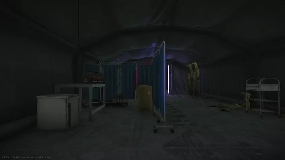 Shows the inside of a medical tent.