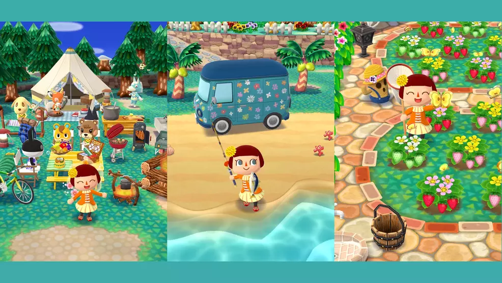 Three images show scenes from Pocket Camp Complete, including campsites, fishing, and gardens.