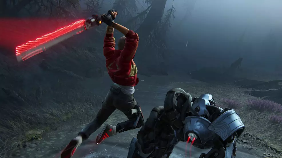 The protagonist attacks a robot with a laser sword in Intergalactic: The Heretic Prophet