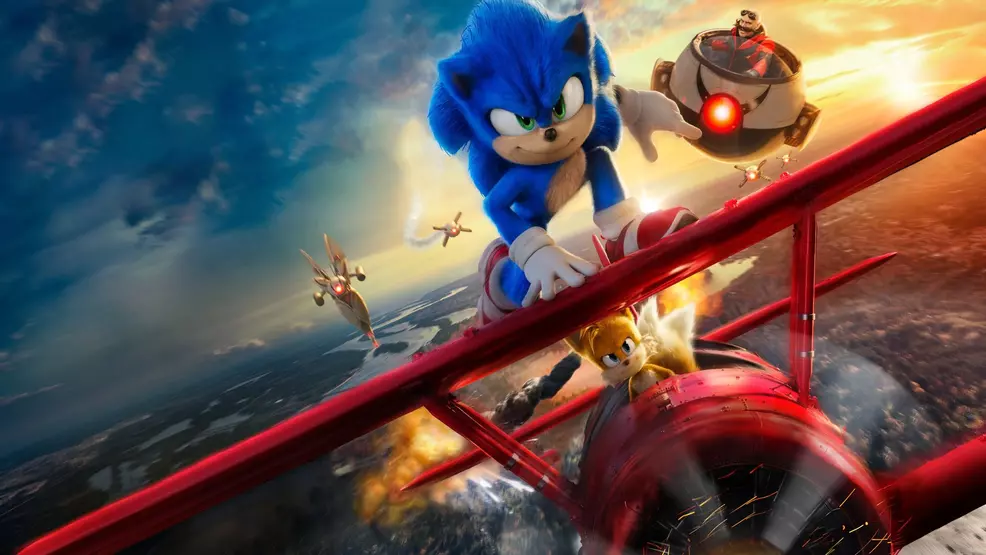 Sonic and Tails are in a biplane.