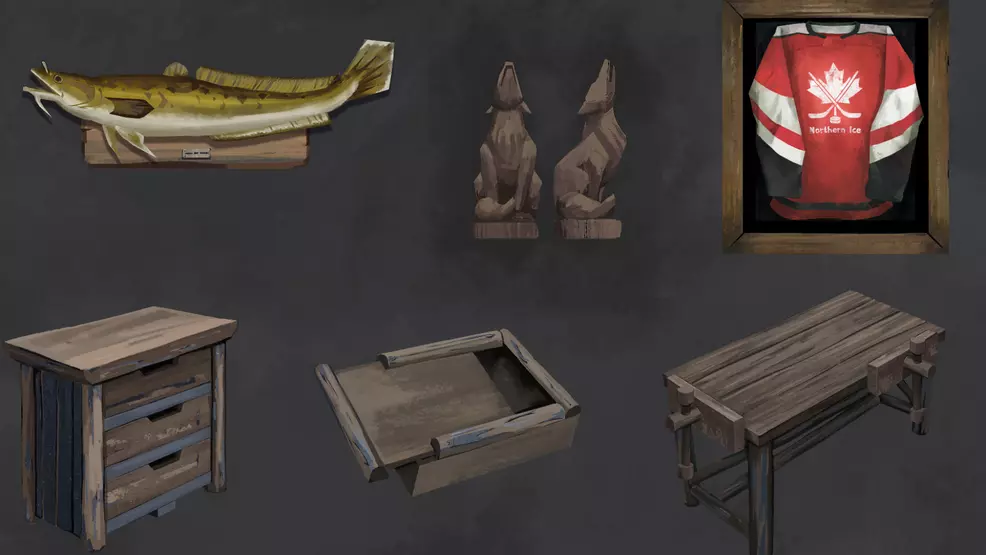 The images show the decorations and furniture players can craft in The Long Dark.