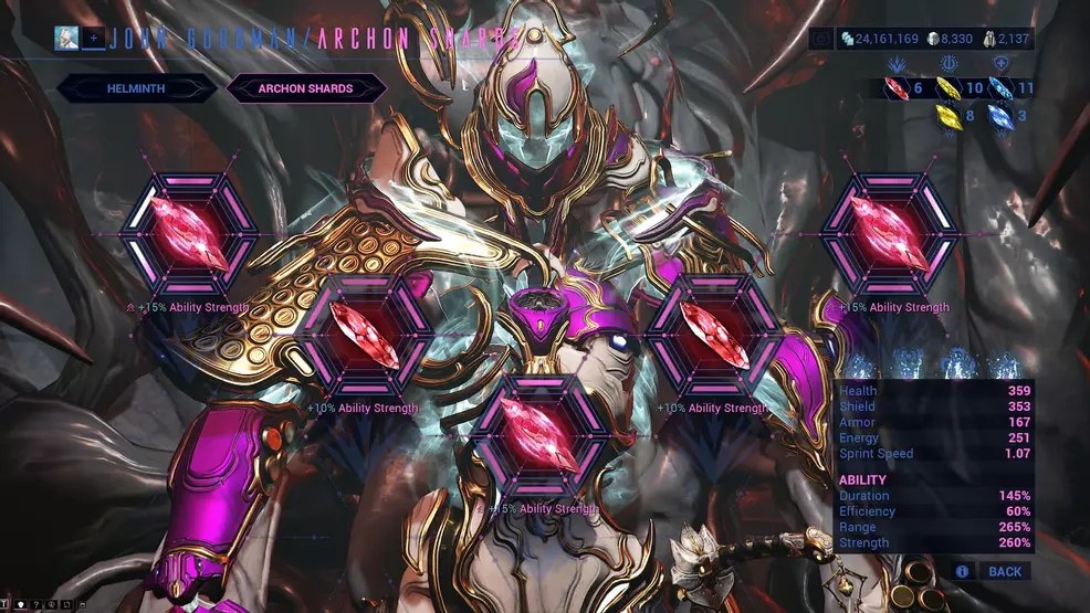 Archon Shards menu in Warframe