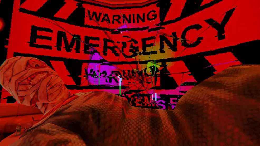 A character wrapped in bandages stares into the camera. Words
