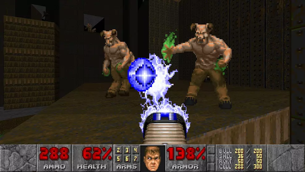 Doom + Doom 2 Enhanced Versions featuring Doomguy facing down Hell Knights