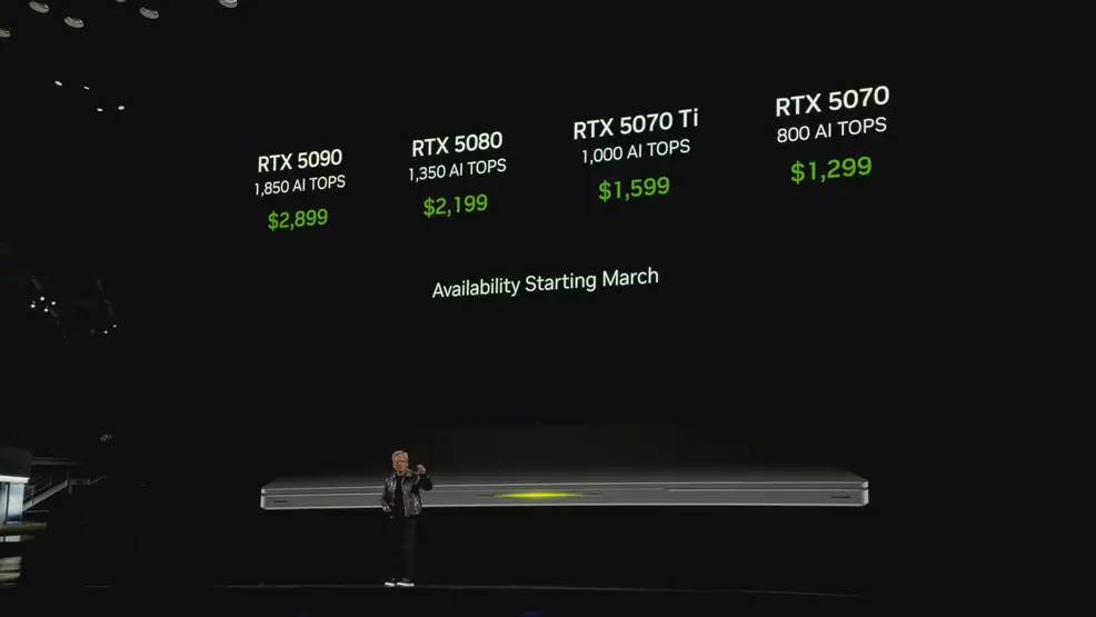Jensen Huang is in front of the RTX 50 series laptop price screen.
