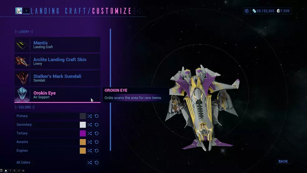 Orbiter Loadout screen in Warframe.