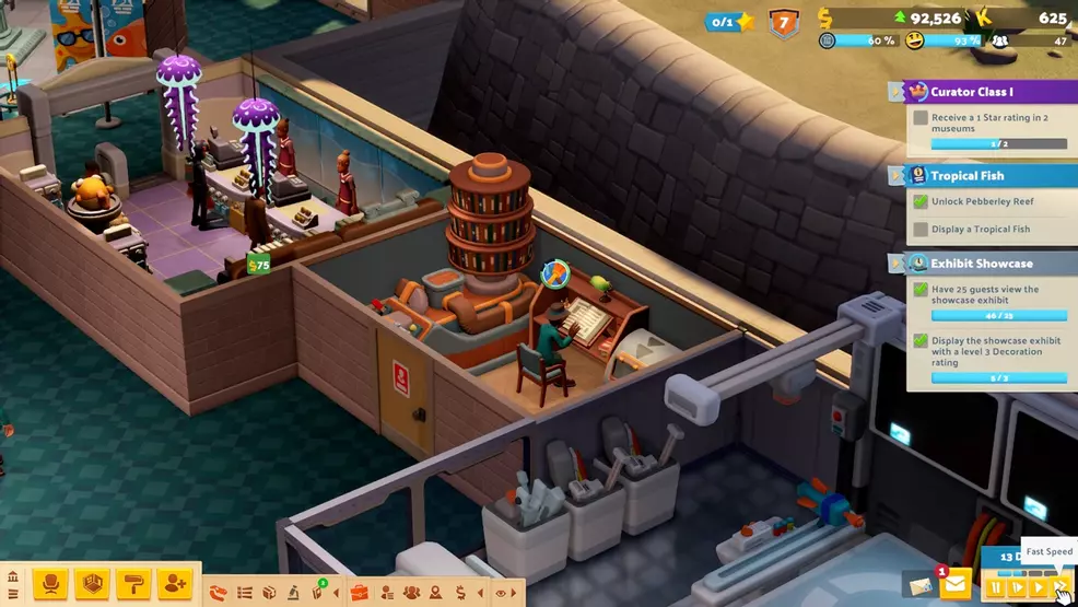 An expert studying new skills at a desk in Two Point Museum.