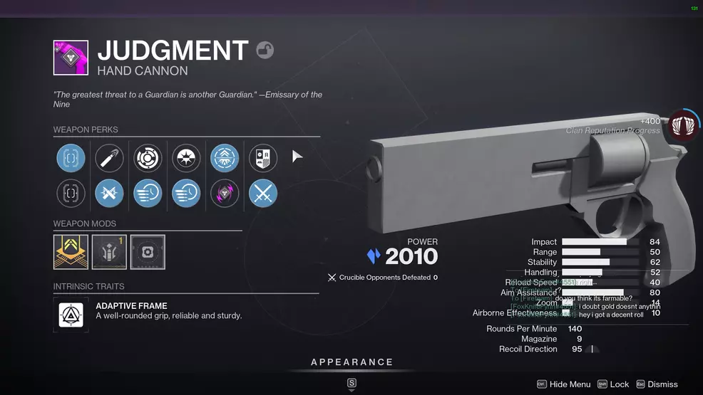 A textureless Hand Cannon in Destiny 2