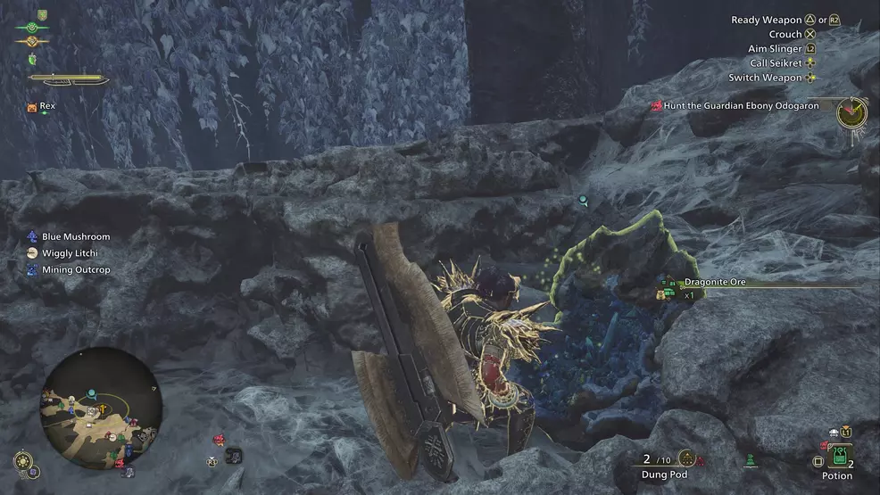 A hunter at Monster Hunter Wilds is trying to harvest fucium in the ruins of Wayvaria