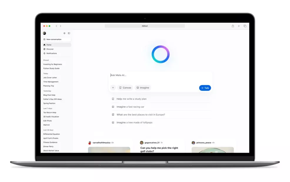 The Meta AI app is running on a MacBook.