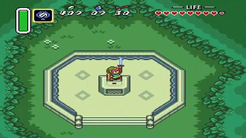 Link holding the master sword in Zelda's legend: a link to the past.