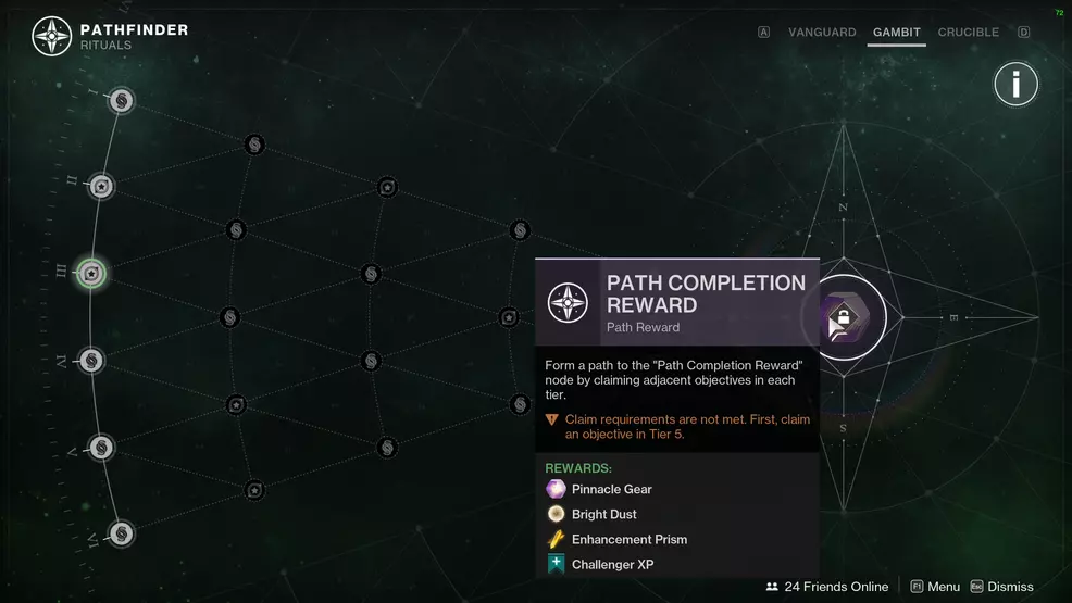 The Pathfinder reward node showing Bright Dust