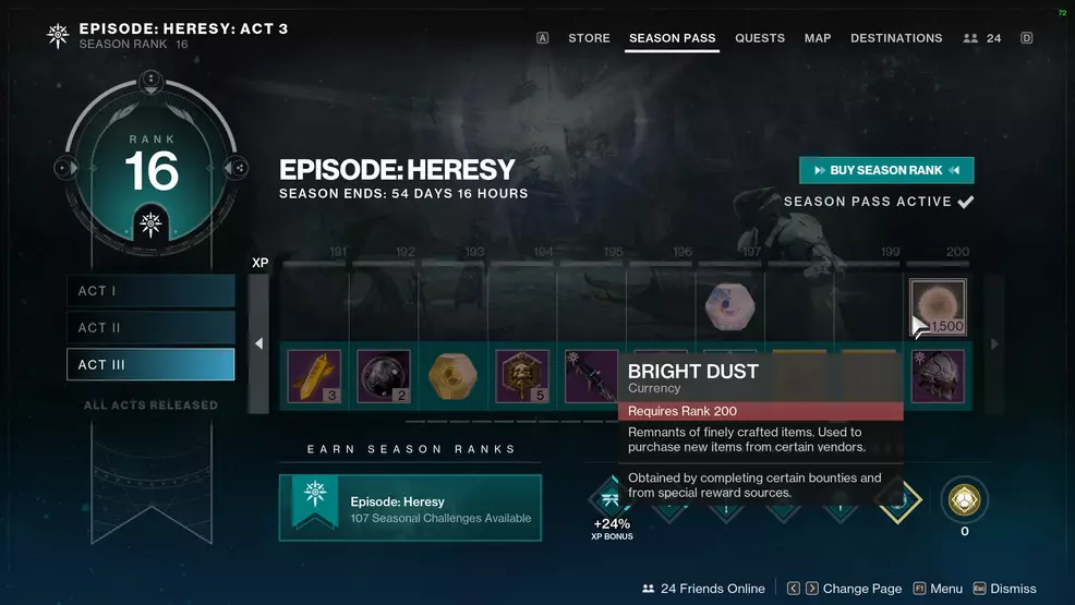 Season Pass showing Bright Dust as a reward