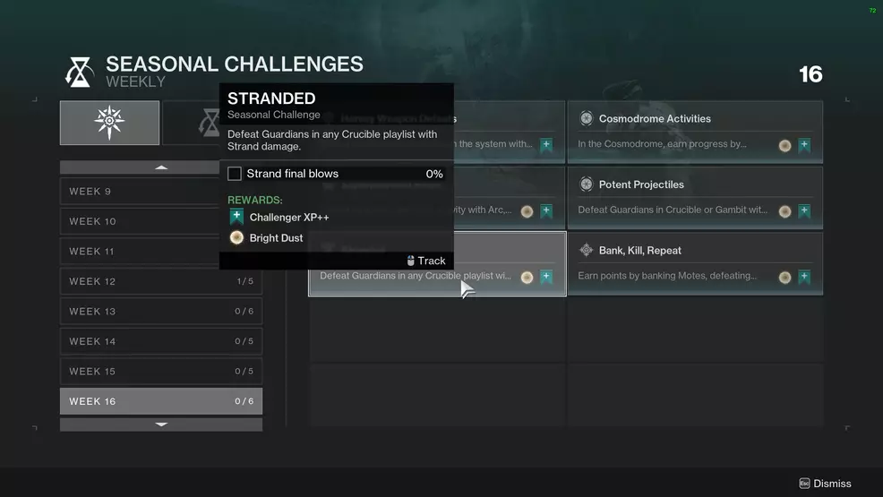 The Seasonal Challenge screen showing Bright Dust as a rewar