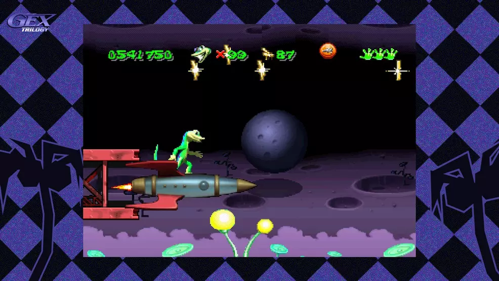 A gameplay screenshot of Gex riding a rocket.