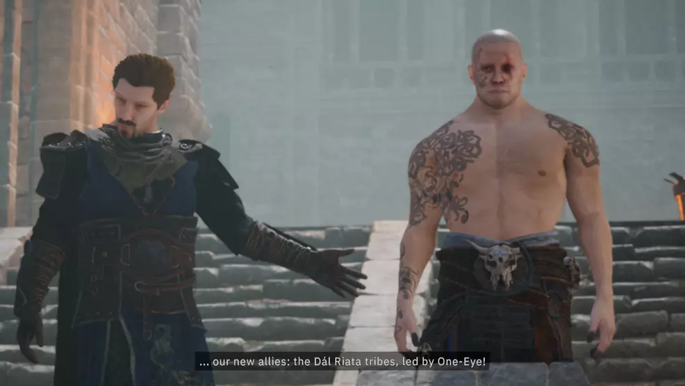 Two characters talking to a crowd in tainted grille: Evilon's collapse. Both character models appear to be different PS3-era in their loyalty.