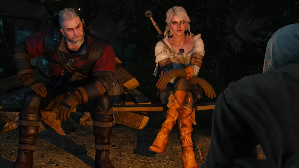Sitting on a bench next to Garalt Ciri.