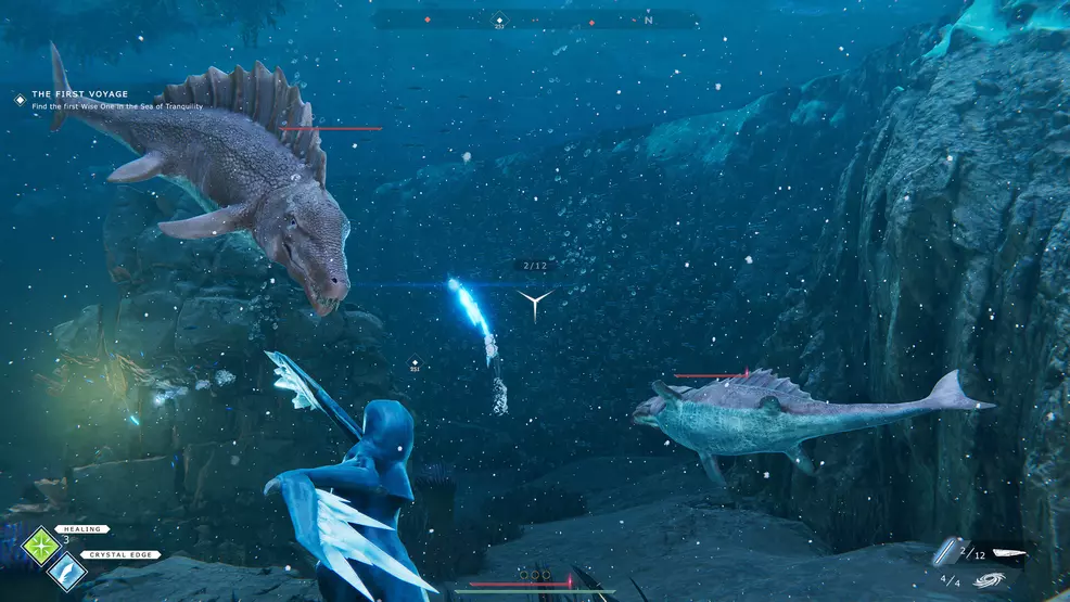 Glacier's environment and hud, including a group of underwater enemies