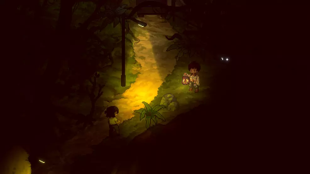 Two characters facing each other under a streetlight at night. A pair of shining eyes can be seen in the dark.
