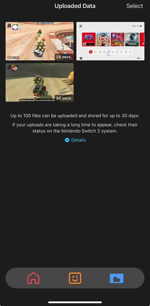 Nintendo switch app album screen is characterized by video and clip from a linked nintendo switch 2.