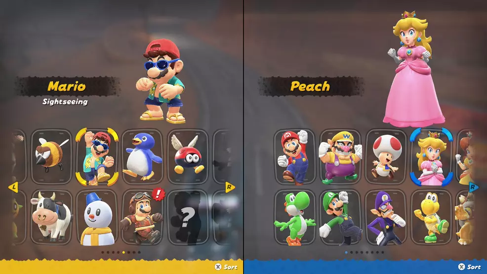 The image shows Mario and Peach being selected using Splitscreen for free Rome